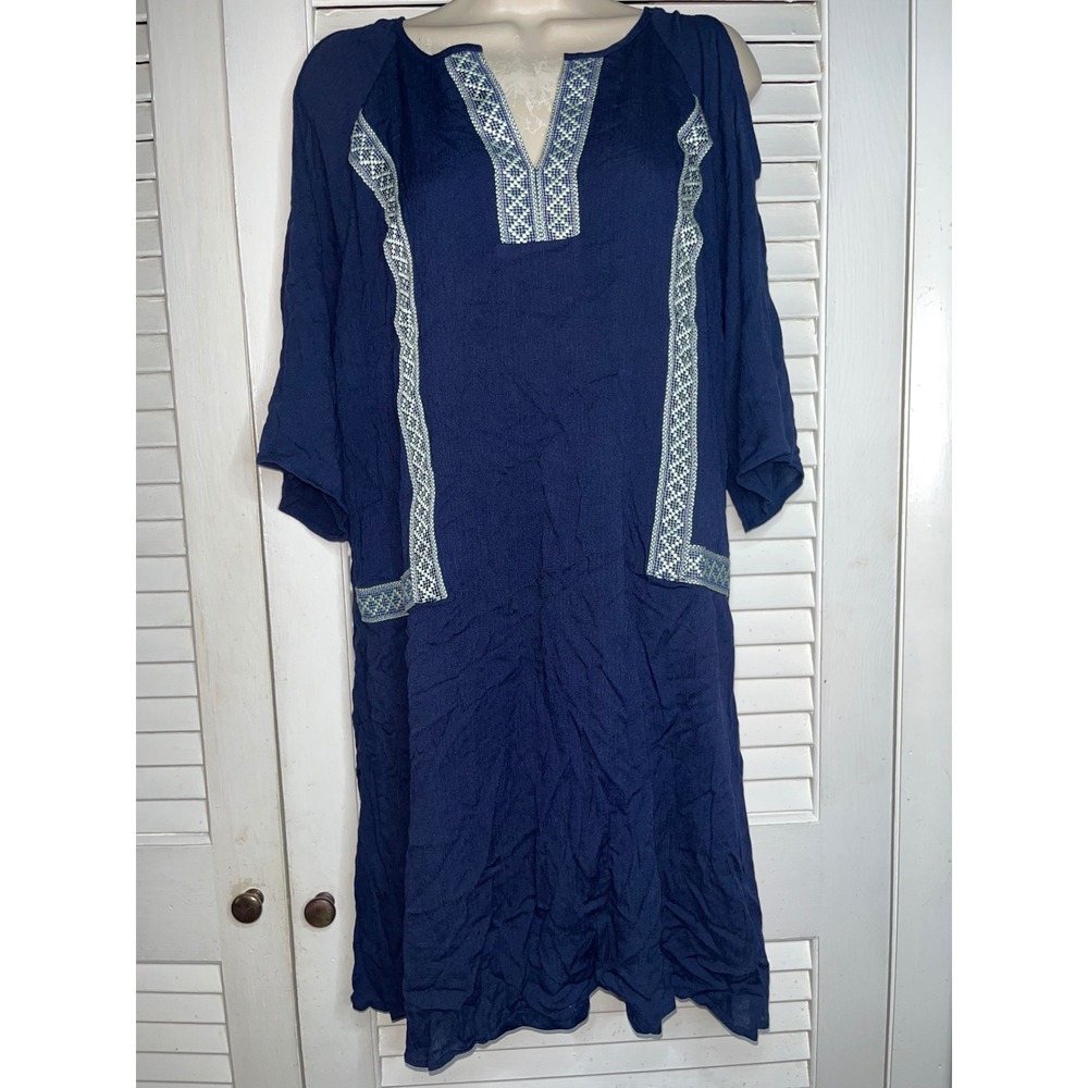 White Mark Navy Blue Cold Shoulder Embroidered Tunic Dress Size L NWT